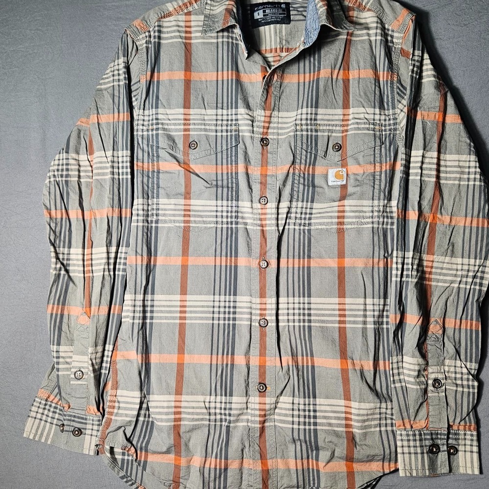 Carhartt Relaxed Fit Plaid Button Up Shirt Mens Small Gray Orange Long Sleeve - Picture 7 of 12
